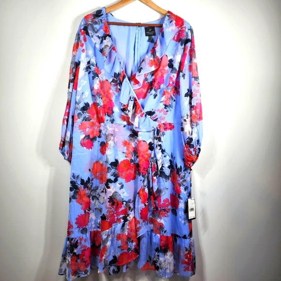 NWT Adrianna Papell Women's Coral Blossom Faux Wrap Bell Sleeve Dress Size 20W - Picture 2 of 8